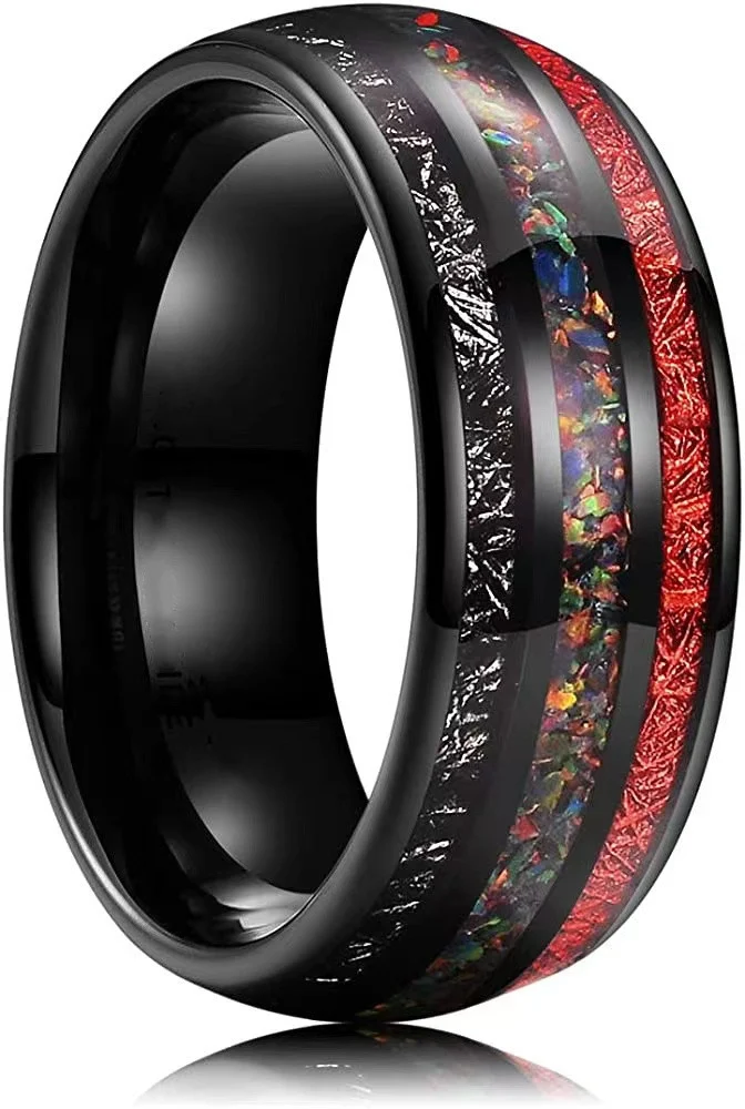 Anel de meteorito negro, rubi e opala, joia celestial para homens e mulheres, elegância cósmica, presente perfeito. — foto 1