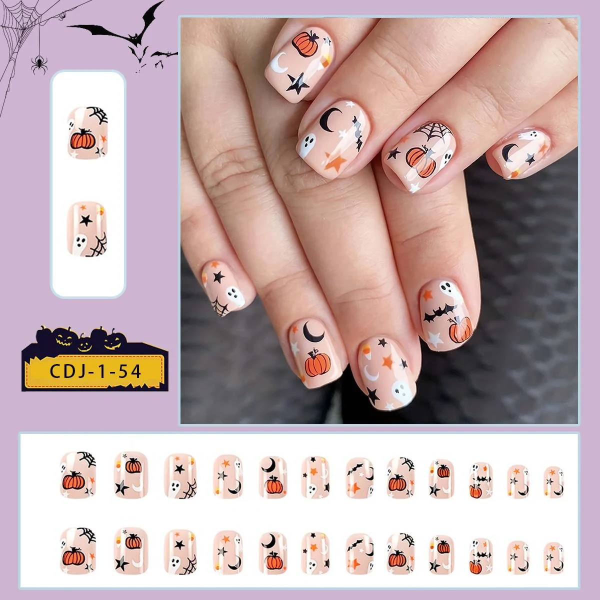 Abziehbare Nagelsticker Spinne Kürbis Geist Kurz. Einfache Nageldekoration für Halloween mit gruseligen, niedlichen Designs. — foto 1