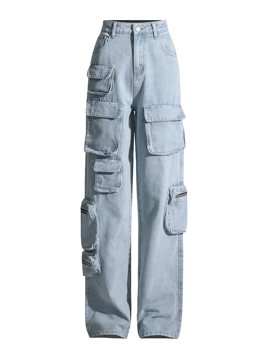 Vintage lichtblauwe high-waisted tooling jeans voor dames, gewassen, comfortabel en stijlvol voor dagelijks gebruik. — foto 2