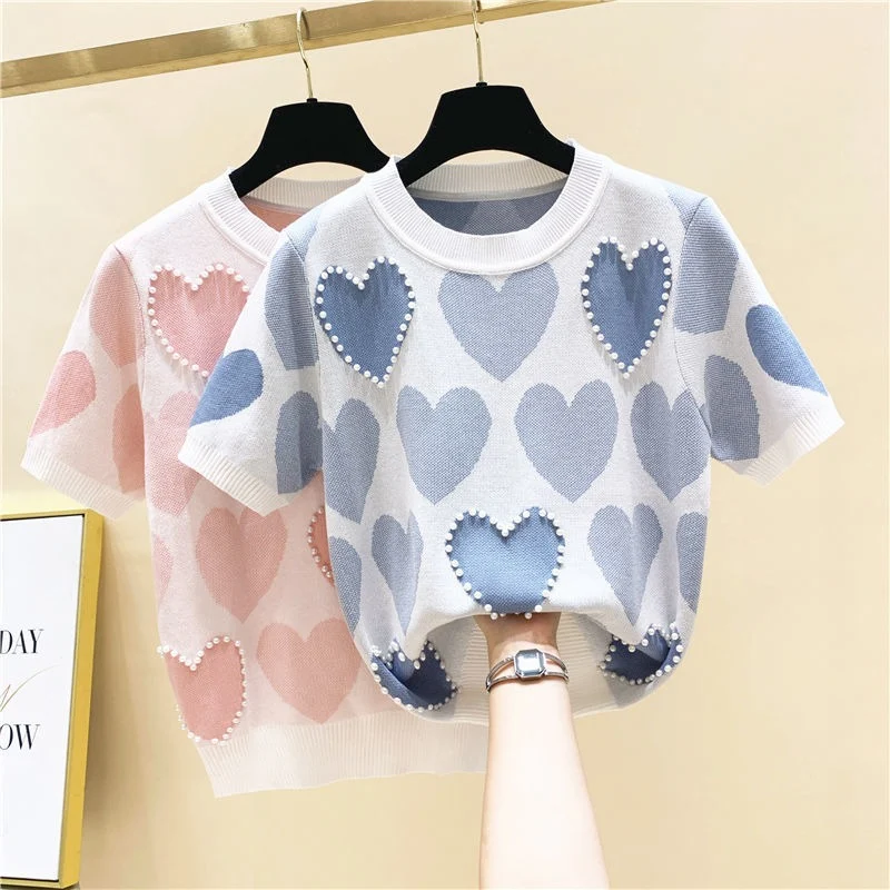 T-shirt a maniche corte lavorata a maglia con perline jacquard a cuore sciolto estivo da donna — foto 4