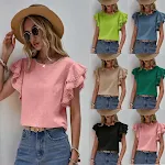 Casual em torno do pescoço verão camisa solta folha de lótus batwing camisa manga curta — foto 3