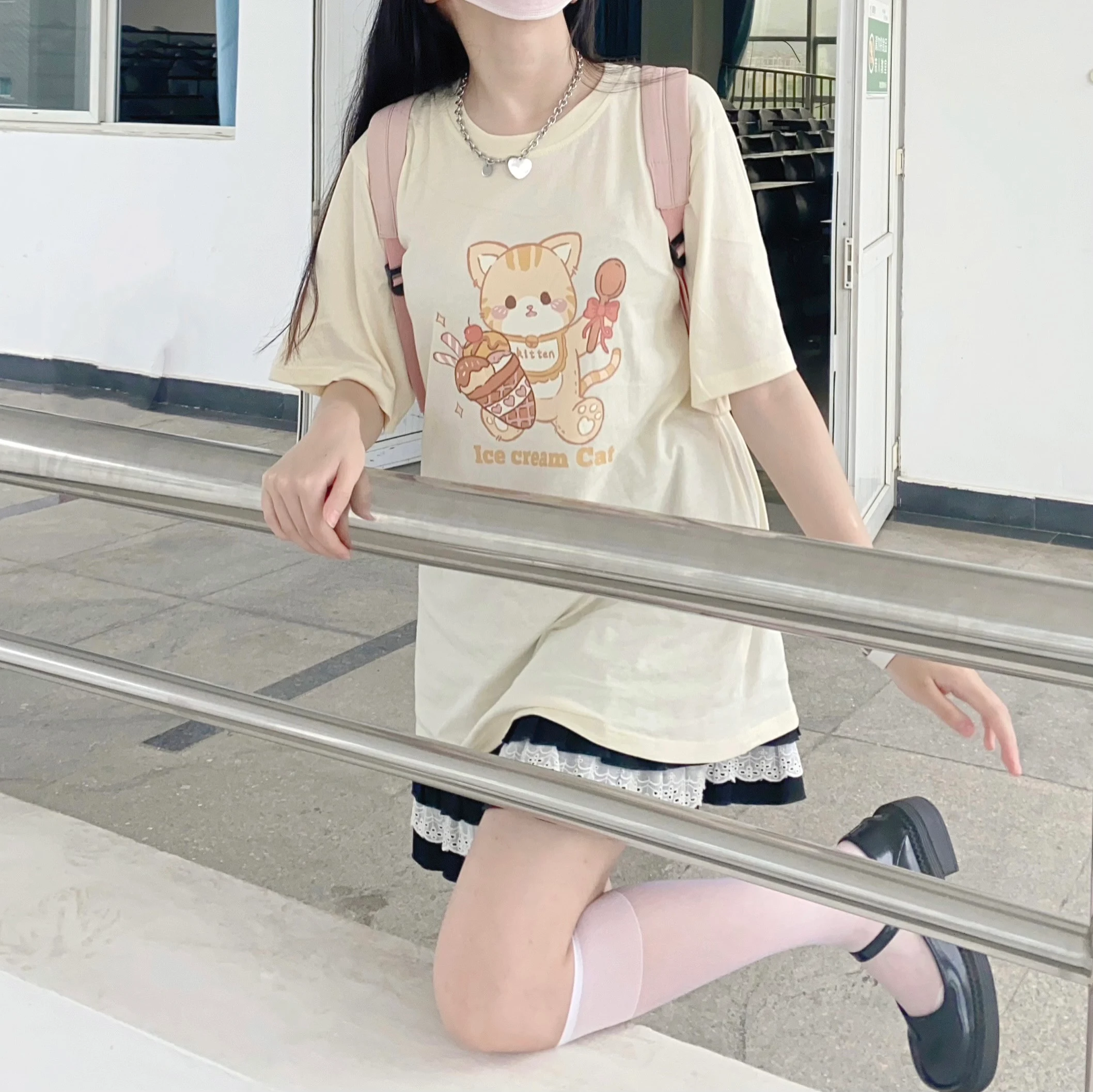 Sweet Cone Meow Meow T-shirt Summer Cute Cartoon Cat Print Loose — photo 4