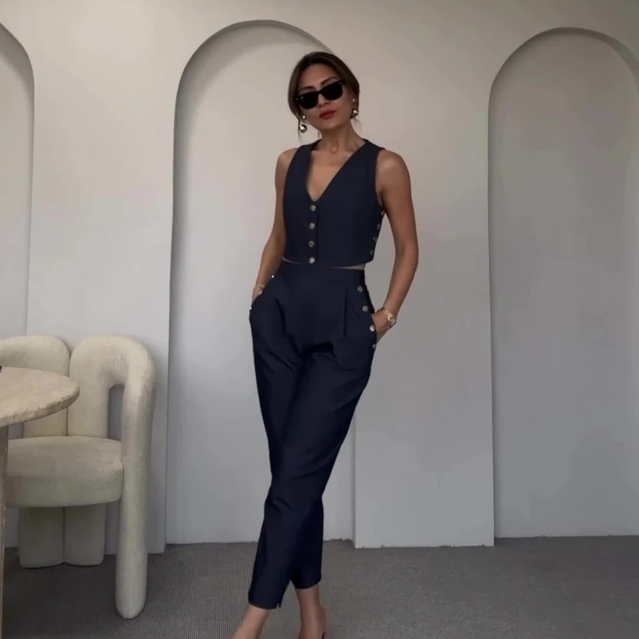 Title 2, Womens Two-piece Suit With Solid Color And But...
