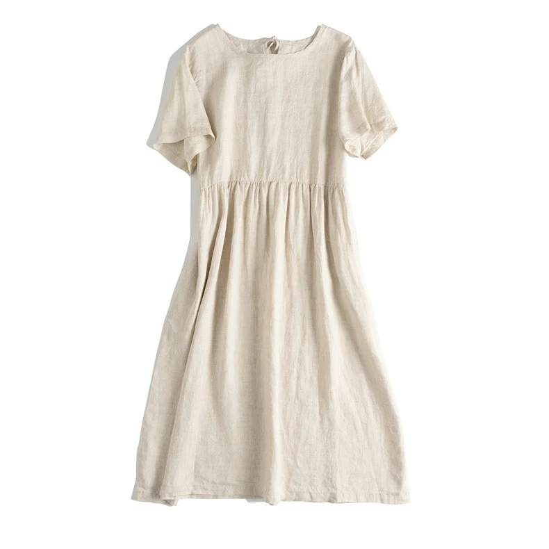 Title 11, Elegant Cotton And Linen Art Round-neck Mid-sle...
