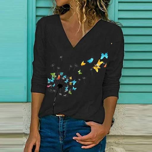 Title 6, Dandelion Print Long-sleeved V-neck T-shirt