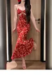 Vintage Floral Red Dress Hip Spaghetti Straps Long Dress Stylish & Comfortable Perfect for Parties & Special Events. — photo 3