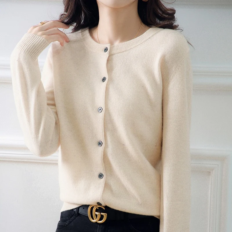 Cardigan de malha com decote redondo feminino solto jaqueta de cor sólida — foto 14