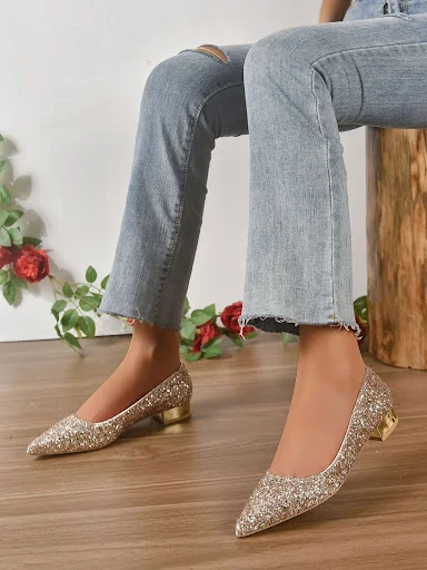 Title 18, Crystal Sequins Low Heel Shoes for Women