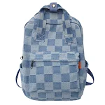 Mochila feminina de lona jeans e xadrez, ideal para uso diário. Resistente, espaçosa e estilosa para escola, trabalho ou viagens. — foto 3
