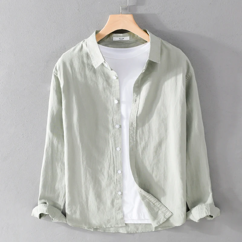Camisa masculina de algodão e linho branca, manga longa, versátil, casual, respirável, cor sólida, ideal para o dia a dia. — foto 16
