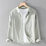 Camisa masculina de algodão e linho branca, manga longa, versátil, casual, respirável, cor sólida, ideal para o dia a dia. — foto 16