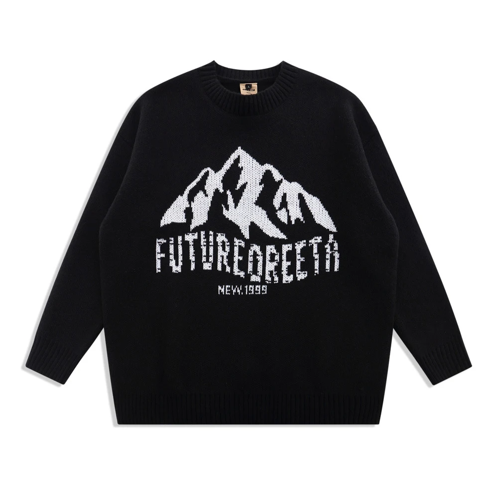 Snow Mountain Letter Jacquard Knit Men's Street Trend Loose Round Neck Sweater, comfortable and stylish, perfect for eve — photo 2