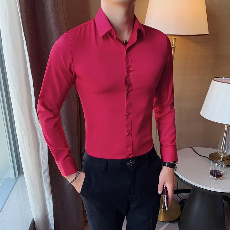 Title 10, New Mens Long Sleeved Shirt Solid Color Slim F...