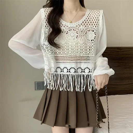 Title 2, Womens Tassel Chiffon Patchwork Lace V-neck Sh...