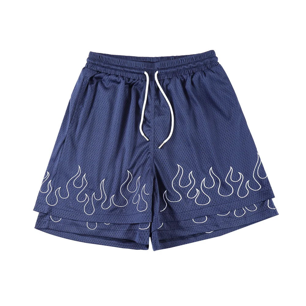 Title 5, Fake Two-piece Flame Embroidered Sports Shorts ...