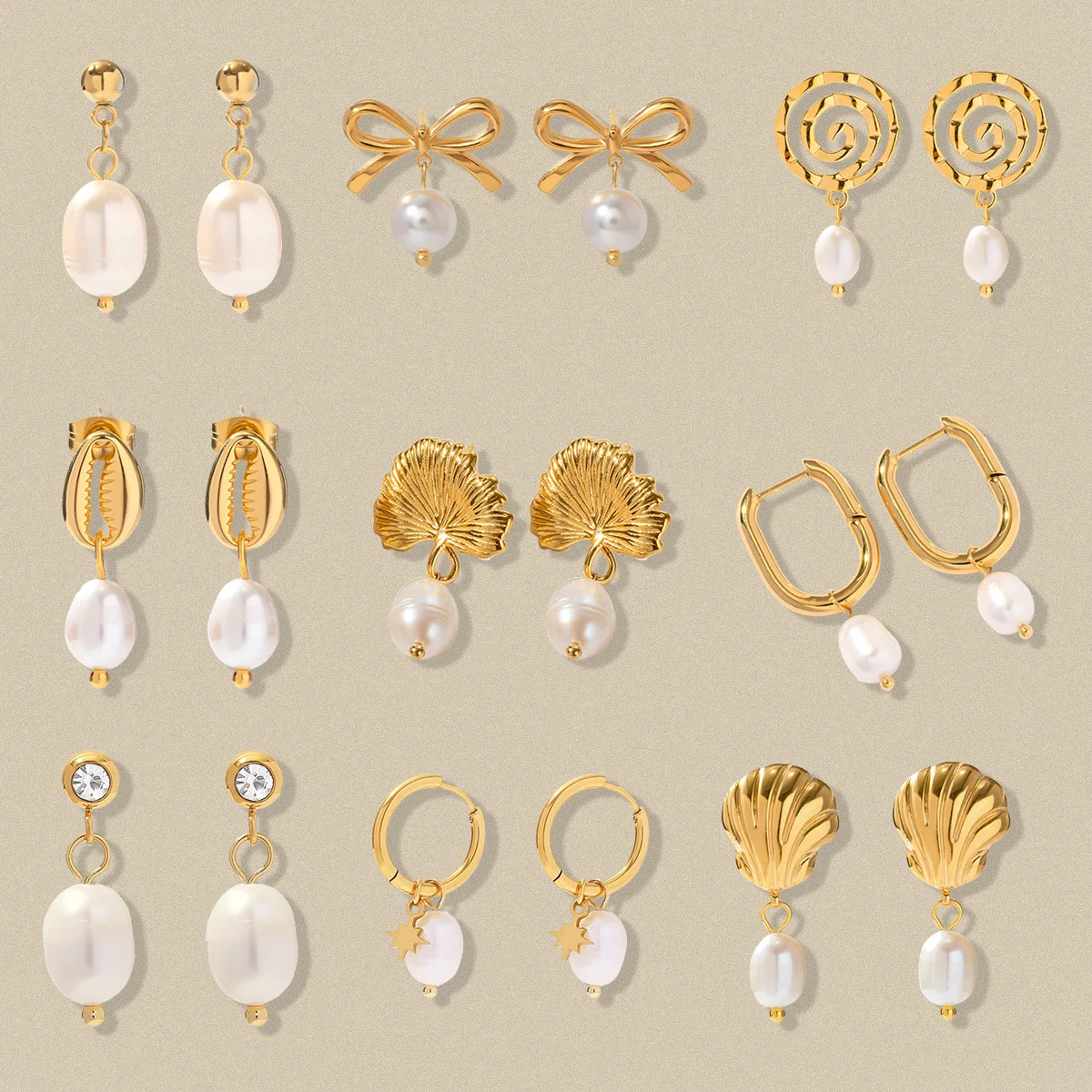 Pendientes con colgante de ginkgo de perla de agua dulce de acero inoxidable dorado de 18 quilates para un look elegante y sofisticado. — foto 12