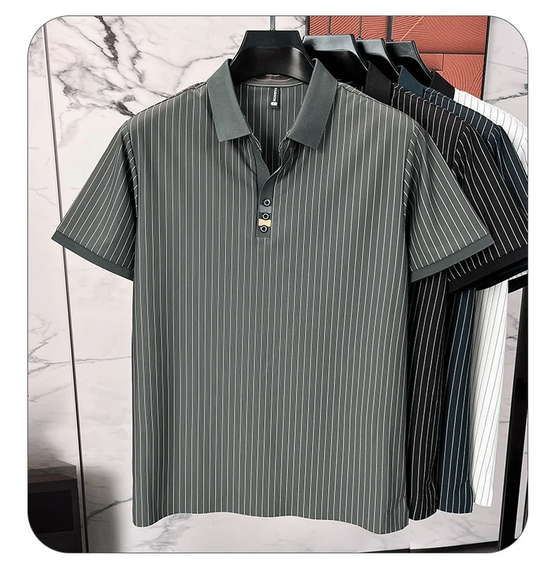 Title 8, Camiseta Polo de Seda Gelo Listrada Casual Exec...