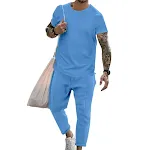 Terno masculino com camiseta casual de manga curta e gola redonda, calças modernas, perfeito para moda, confortável e estiloso para o dia a dia. — foto 7