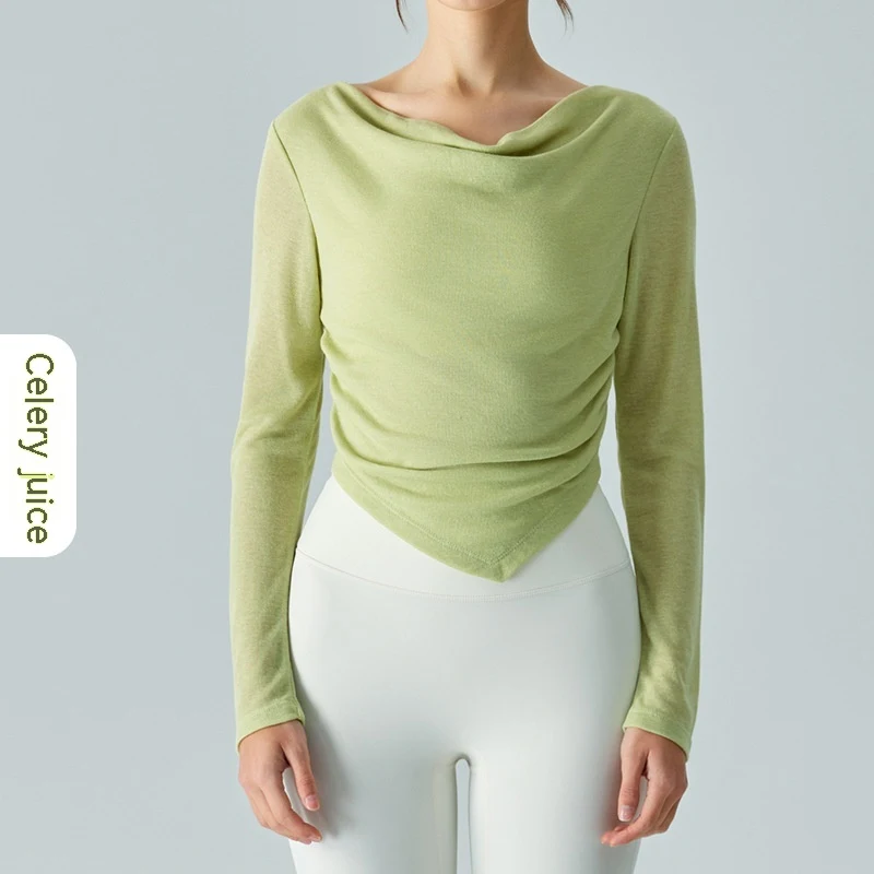 Yeni Hafif Nefes Alabilen Yoga Bluz V Yakalı Asimetrik Bel Pileli Salıncak Yaka Spor Ceket — Fotoğraf 1