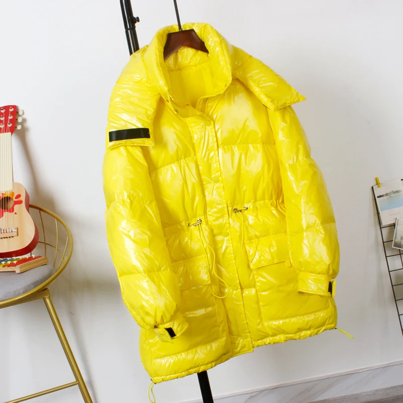 Bright leather hooded down jacket for women, a warm and stylish winter coat, ideal for cold weather and keeping you comf — photo 3