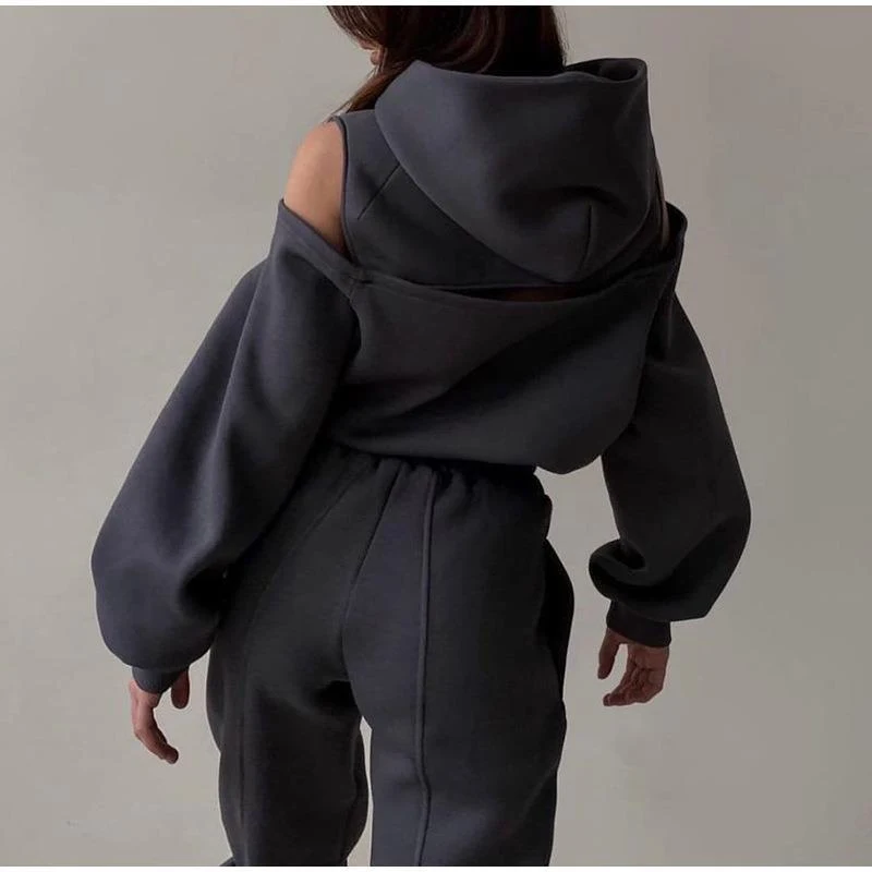 Conjunto de moletom esportivo casual liso feminino com capuz. Conforto e estilo para o dia a dia e atividades esportivas. Simples e prático. — foto 2