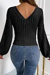 Blusa feminina de tricô jacquard manga longa com decote em V e manga sino, ideal para um visual elegante e confortável. — foto 6