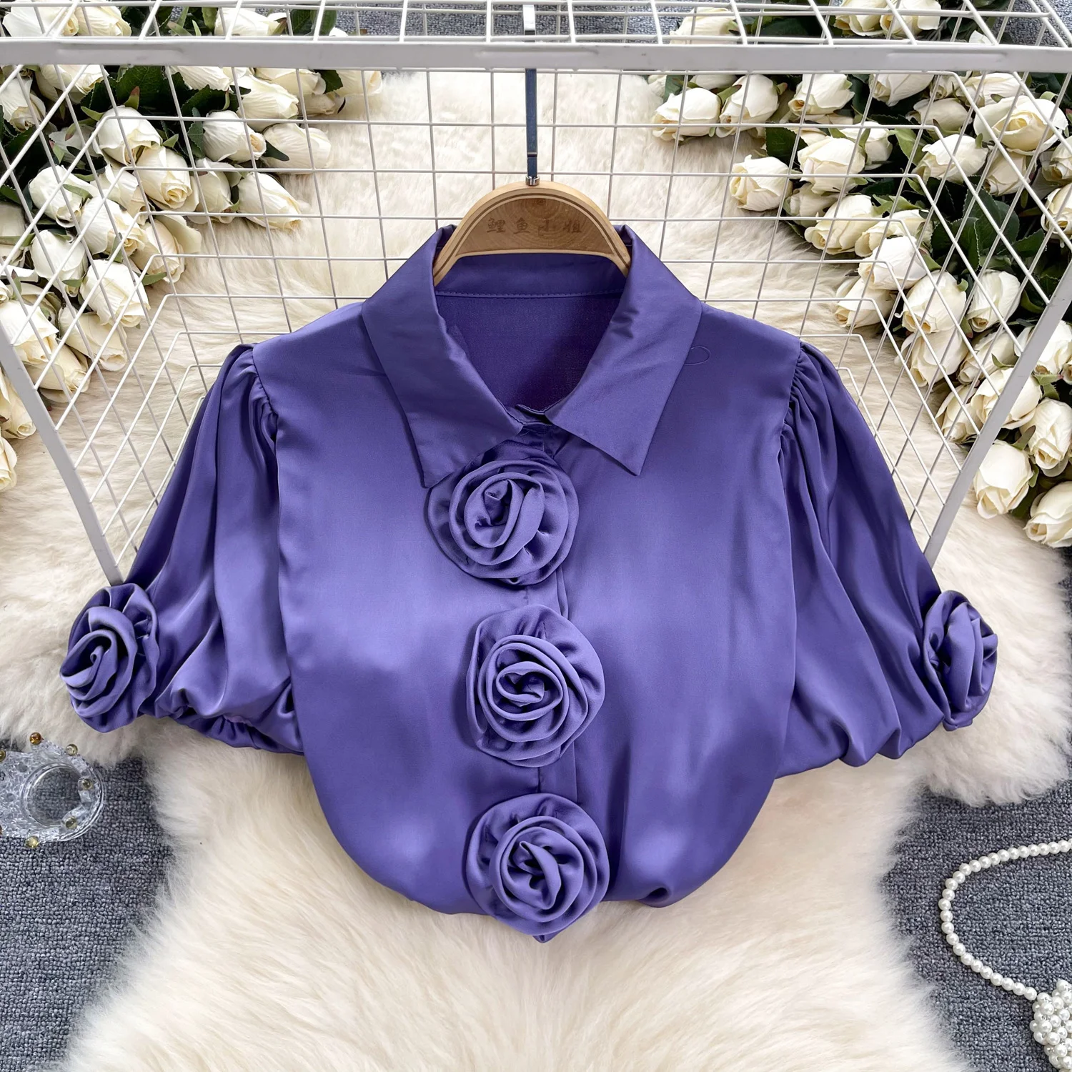 Three-dimensional Flower Puff Sleeve 1 French Satin Top — photo 6