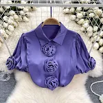 Three-dimensional Flower Puff Sleeve 1 French Satin Top — photo 6