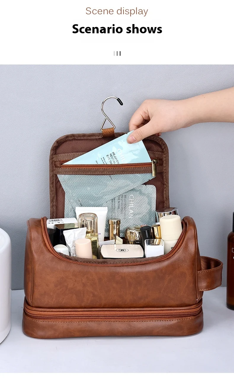 Title 7, Leather Cosmetics Storage Bag Travel Toiletry B...