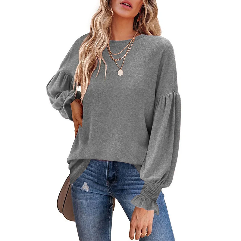 T-shirt lunga europea e americana da donna con maniche a lanterna pieghettate autunno e inverno — foto 6