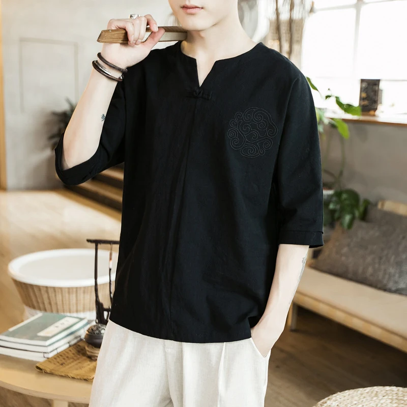Camiseta Masculina Retrô com Manga Três Quartos em Algodão e Linho com Fivela para um Visual Casual e Confortável — foto 2
