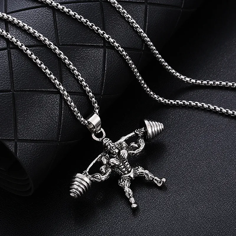 Colar pingente de halterofilismo hip hop de aço inoxidável, acessório de fitness e moda para treinos e um visual estiloso. — foto 7