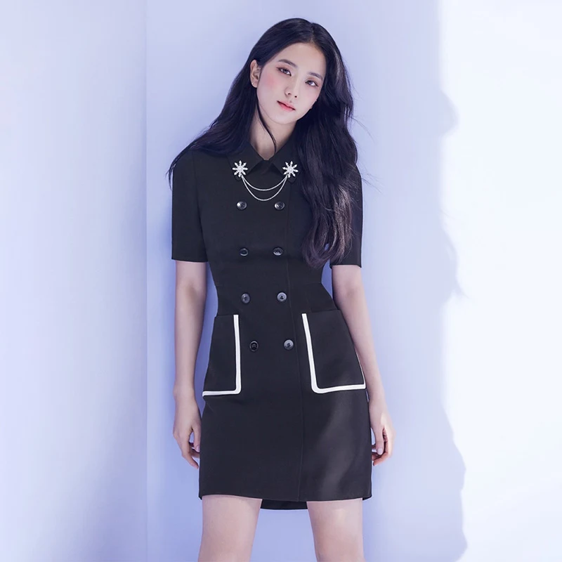 Vestido coreano moda primavera verão, gola boneca, contraste preto e branco, costura avançada, slim, abotoamento duplo — foto 2