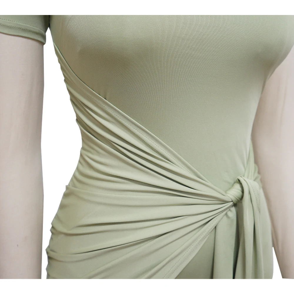 Vestido de verão gola redonda cor sólida saia curta drapeada e envolvente no quadril, ideal para um visual fresco e elegante. — foto 6