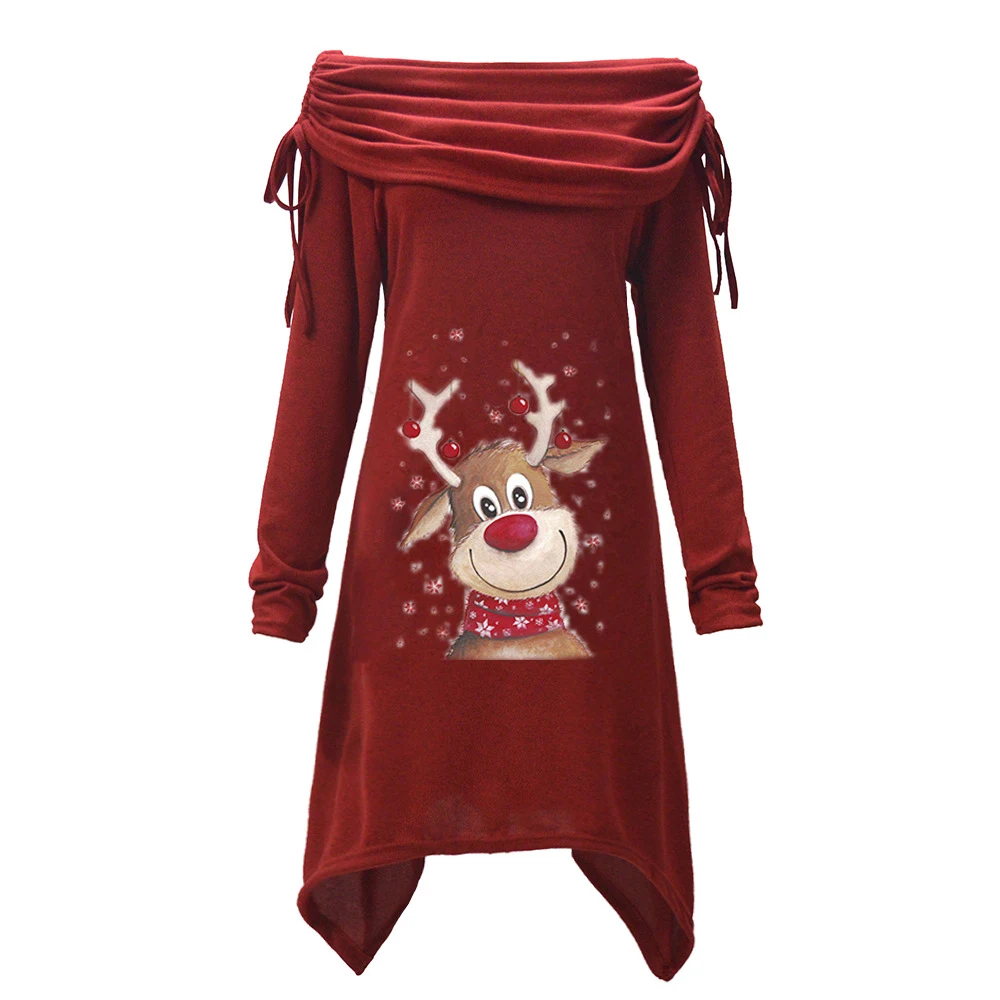 Christmas Elk Printing Pleated Collar Pleated Irregular Long Corset Coat — photo 6