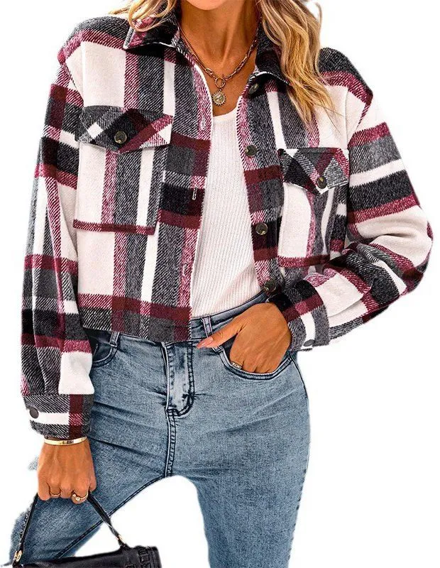 Title 6, Casaco curto feminino xadrez casual de moda com...