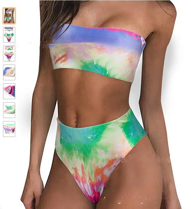 European and American pad dyed double fabric tube top high waist bikini, perfect for a flattering beach or poolside look — photo 2