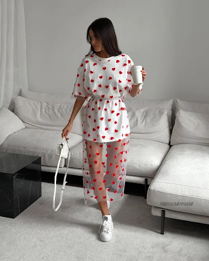Title 15, Love Mesh Stitching Mid-length T-shirt Skirt Lo...