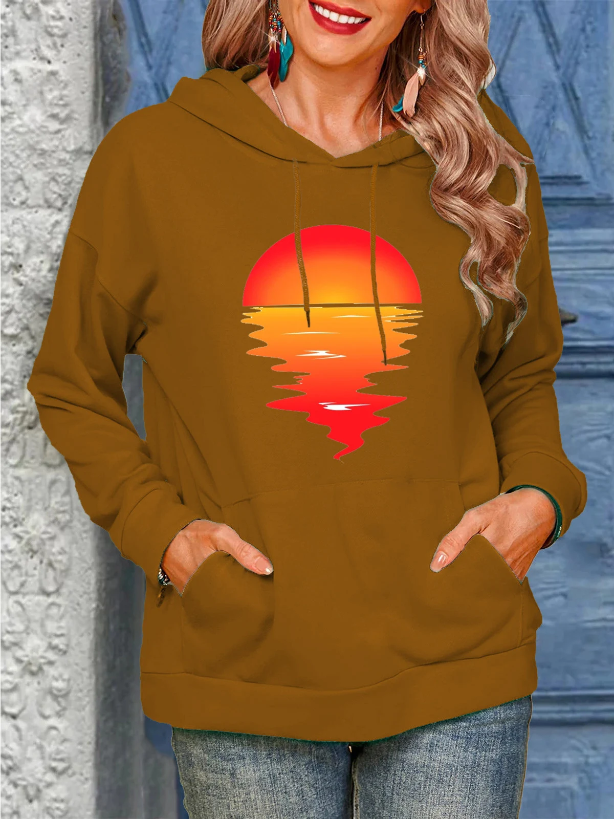 Sun Pattern Printing Hoodie com cordão suéteres roupas femininas — foto 15