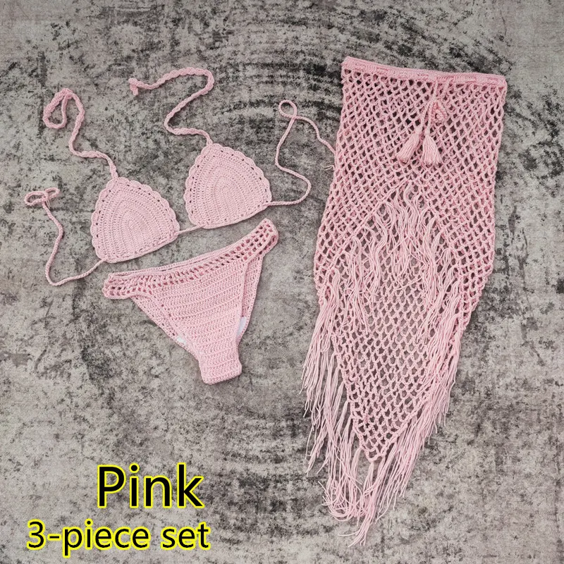 3-delige Europees en Amerikaans handgemaakt gehaakte bikini strandrok badpak set. Ideaal voor strand of zwembad, trendy look. — foto 28