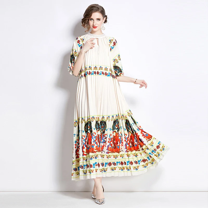Posicionamento estampado plissado pérola fivela vestido plissado — foto 5