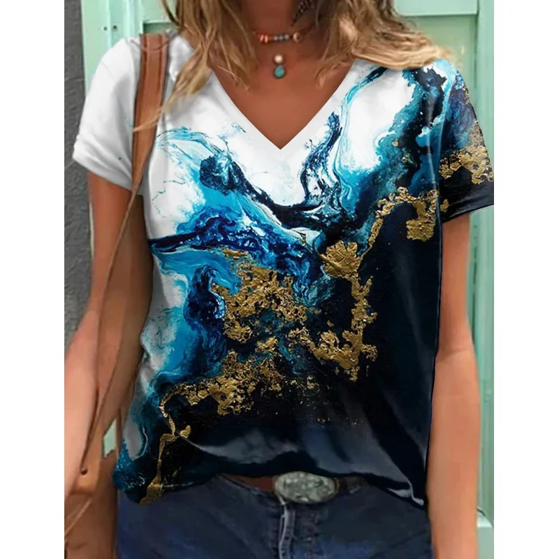 Abstract schilderij T-shirt met grafische geometrische print en V-hals — foto 4