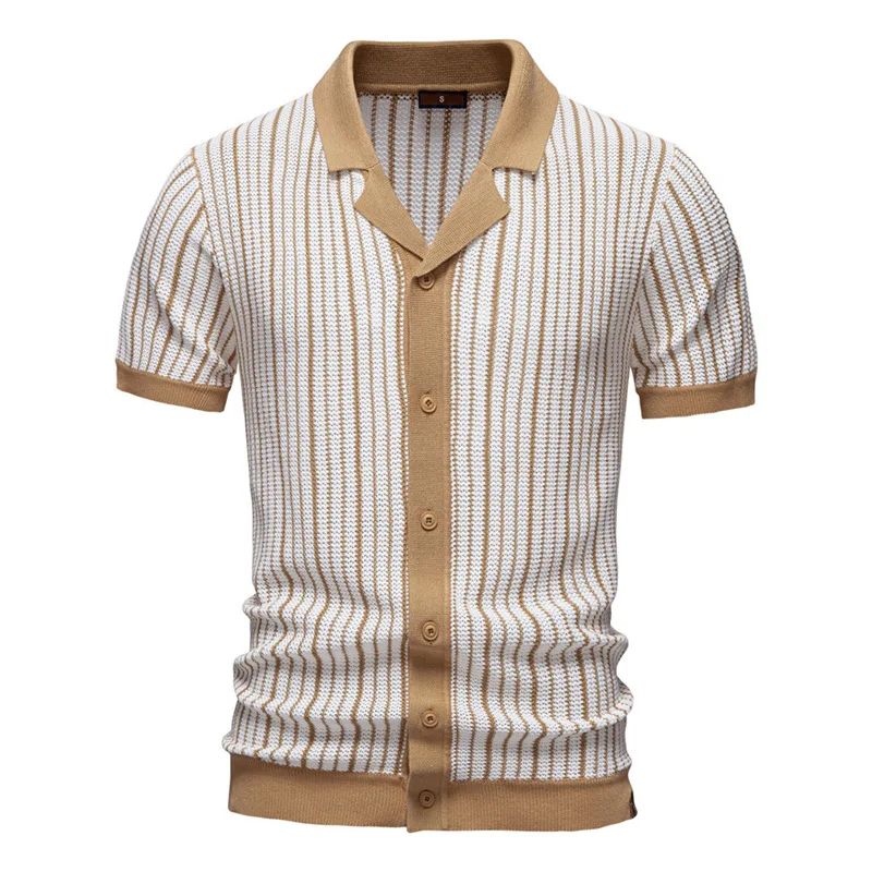 Summer New Men's Short-sleeved Knitted Striped Shirt Breathable & Comfortable Perfect for Warm Weather Casual Stylish Lo — photo 6