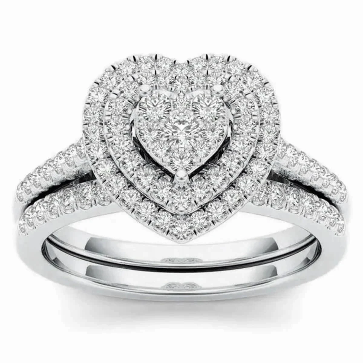 Anel de noivado feminino de duas peças, coração de pêssego com joias, perfeito para um pedido de casamento romântico e inesquecível. — foto 9