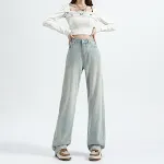 Calças jeans retas folgadas verde menta femininas. Conforto e estilo para o dia a dia. Combine com blusas e tênis para um visual moderno e despojado. — foto 5