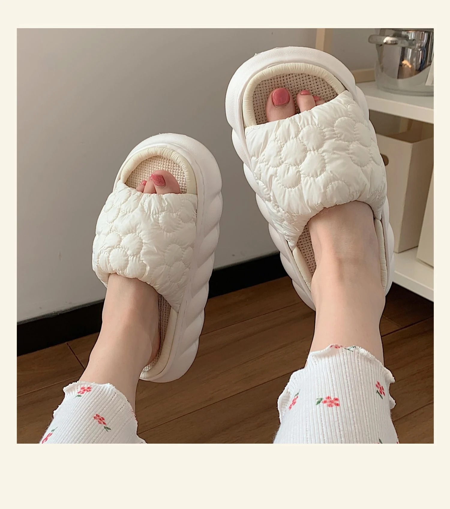 Title 2, Sweet Bubble Flower Linen Slippers with Thick S...