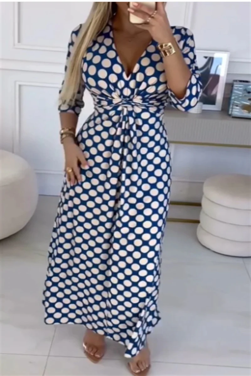 Title 2, V-neck Casual Long Sleeve Dotted Prints Dress