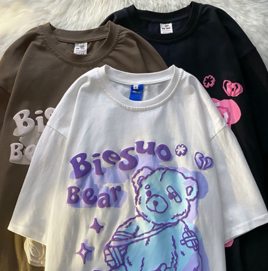 Title 2, Printed Bear Loose Round Neck Short Sleeves Top