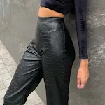 Women's Pure Color PU Split Slim Street Style Straight Leg Casual Pants. Comfortable, stylish, and perfect for everyday — photo 4