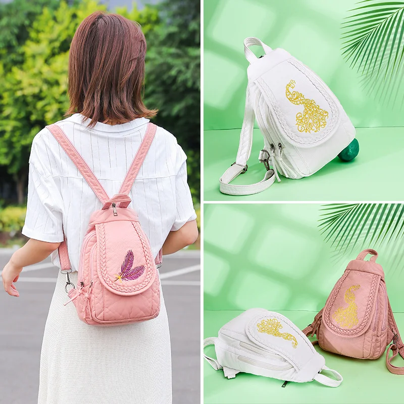 Mochila feminina de couro floral bordado lavado Conforto e elegância para o dia a dia. Ideal para transportar seus pertences com estilo e praticidade. — foto 5